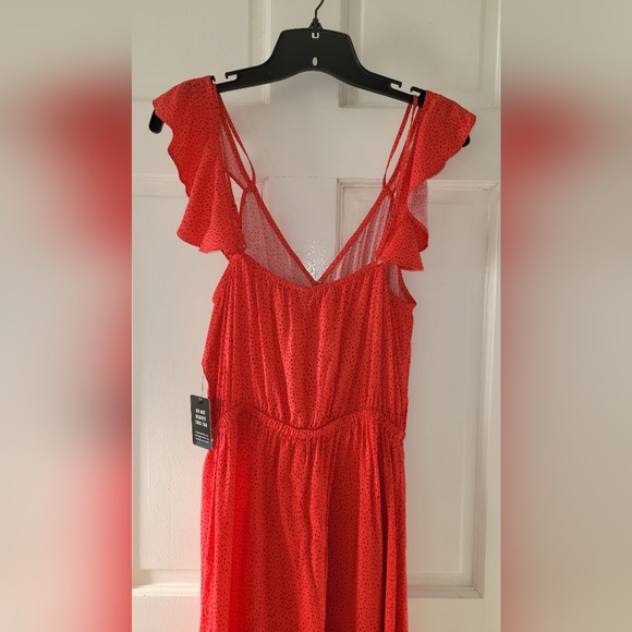 Express Coral Polka Dot Print VNeck Flutter Sleeve Ruffle Maxi Dress, Size M - Picture 3 of 10